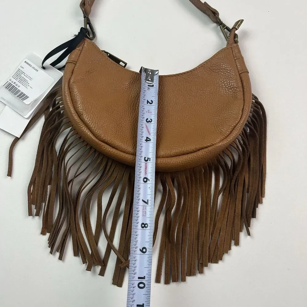 NWT Marlon Italy Leather Fringe Crescent Hobo Bag Brown Western Cowgirl Festival